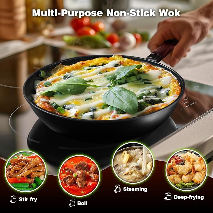Teewe Carbon Steel Wok -13 Inch Woks & Stir-fry Pans Nonstick, Wok Pan with Glass Lid Spatula and Dish Brush: Pre-Seasoned Flat Bottom Chinese Wok for Induction, Electric, Gas, All Stoves