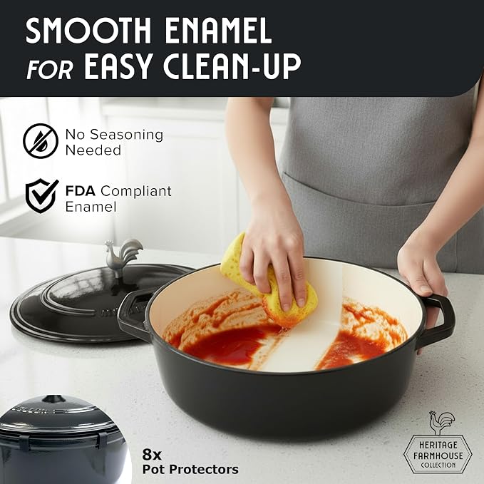 MUELLER HOME 5.5 Quart Enameled Cast Iron Oval Dutch Oven with Rooster Knob & Cotton Potholders, Heavy-Duty Cookware, Oven-Safe up to 500° F & Across All Cooktops, Gifts for Grandma & Women, Black | Rooster Knob, Cotton Potholders Included, Oven-Safe u...