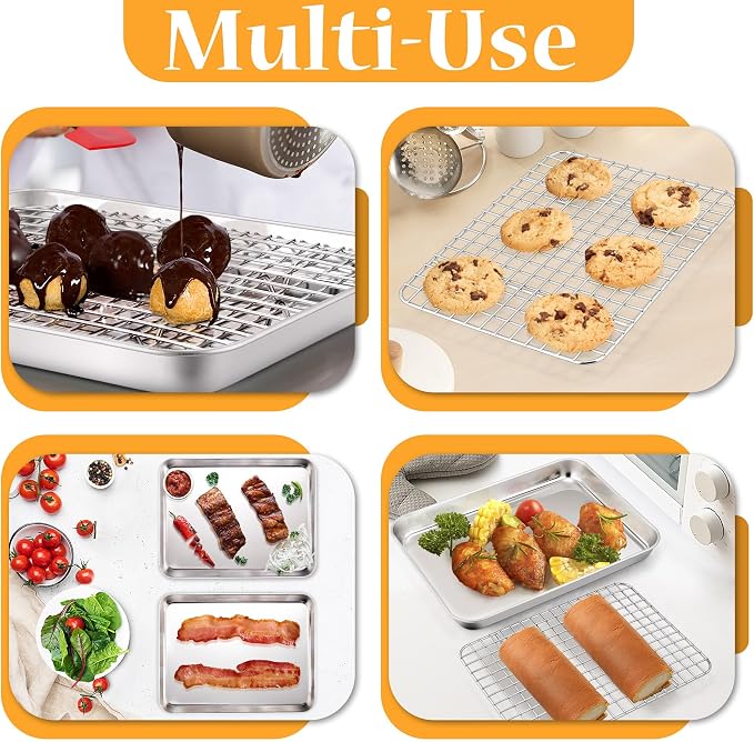 TeamFar Cookie Sheets with Cooling Racks, 2 Pans + 2 Racks, 10.5x8x1 Inch | Stainless Steel Small Toast Oven Tray Pan with Grid Rack for Baking Roasting Cooling, Non-Toxic & Heavy-Duty, Dishwasher Safe