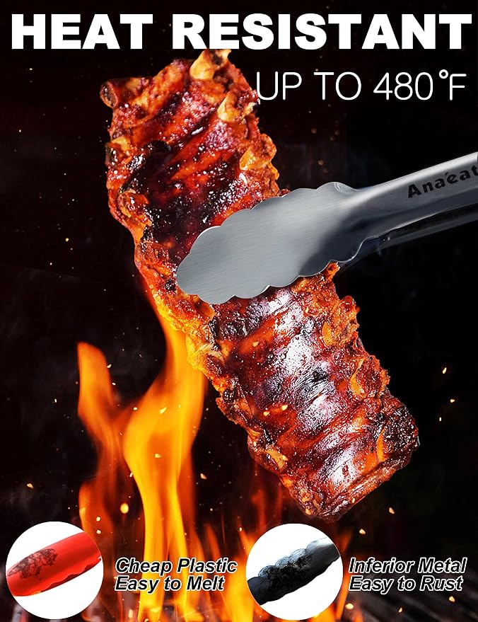 Anaeat Extra Long Stainless Steel Grilling Locking Tong, 17" Sturdy Coiled Spring Kitchen Food Tong with Non-Slip Silicone Grip for BBQ, Baking, Cooking - Heat Resistant up to 480°F (Black)