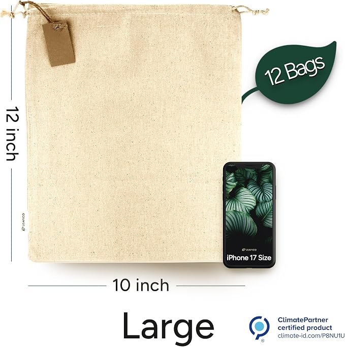 Multipurpose Eco Cloth Bags - Large 10x12 Inch (12 Pack) - Cotton Produce Storage Sacks - Muslin Drawstring Pouches for Vegetables - Bread Bags - Fabric Sachets