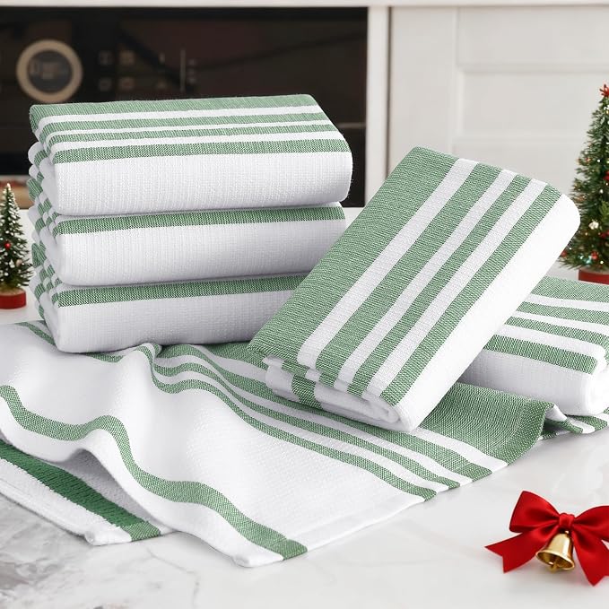 Homaxy Premium Cotton Stripe Kitchen Towels 6 Pack, 18"x 28", Grass Green | Large 380 GSM Kitchen Hand Towels, Soft Terry Dish Towels, Highly Absorbent Tea Towel Set with Hanging Loop