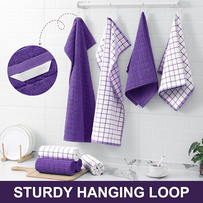 Homaxy Large Premium Cotton Kitchen Towels 16"x 28", 6 Pack, Purple | Natural Ring Spun 390 GSM Dish Towels, Super Absorbent Terry Kitchen Hand Towels, Soft Tea Towels with Hanging Loop