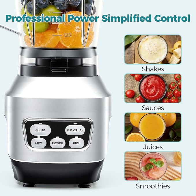 DUMOS Smoothie Blender for Kitchen, Personal Blender for Smoothies | 6 Blades, 24 34 60 oz BPA-Free Cups, Portable Easy Clean, Ice Crush Shakes Sauces, Silver