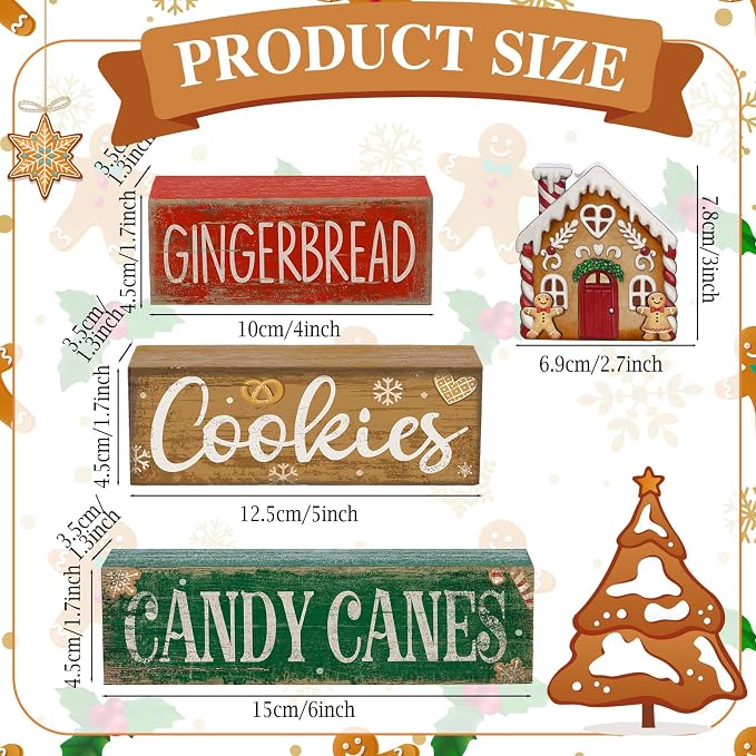 Lineshading 4 Pcs Christmas Table Decor Gingerbread House Tiered Tray Decor | Wood Rustic Gingerbread Block Signs, Christmas Table Centerpiece, Farmhouse Home Decor for Table Kitchen Shelf Party Gift