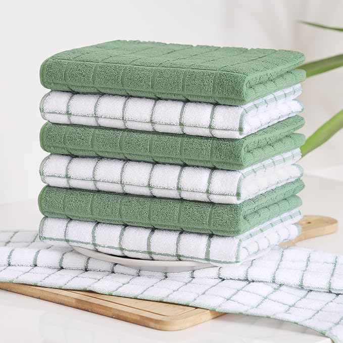 Homaxy Large Premium Cotton Kitchen Towels 16"x 28", 6 Pack, Grass Green | Natural Ring Spun 390 GSM Dish Towels, Super Absorbent Terry Kitchen Hand Towels, Soft Tea Towels with Hanging Loop