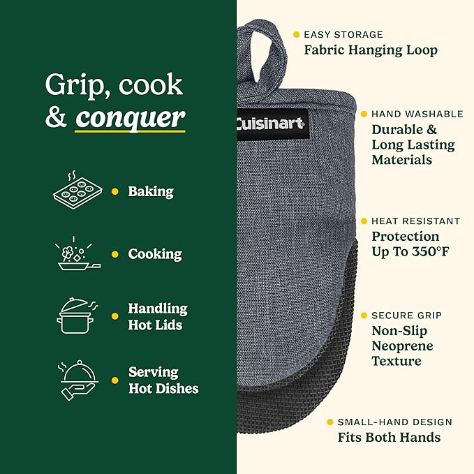 Cuisinart Mini Oven Mitts, 2-Pack, Neoprene Grip, Heat Resistant 350F | Cotton-lined, non-slip neoprene palm, ambidextrous design, ideal for smaller hands and everyday cooking