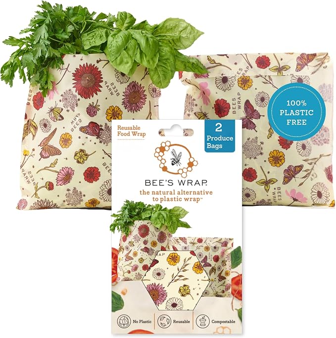 Bee's Wrap Beeswax Produce Bags, 2 Pack - Meadow Magic | Organic Beeswax Wraps - Plastic Free - Reusable Produce Storage - Fruits, Vegetables & Farmers Market - Made in USA