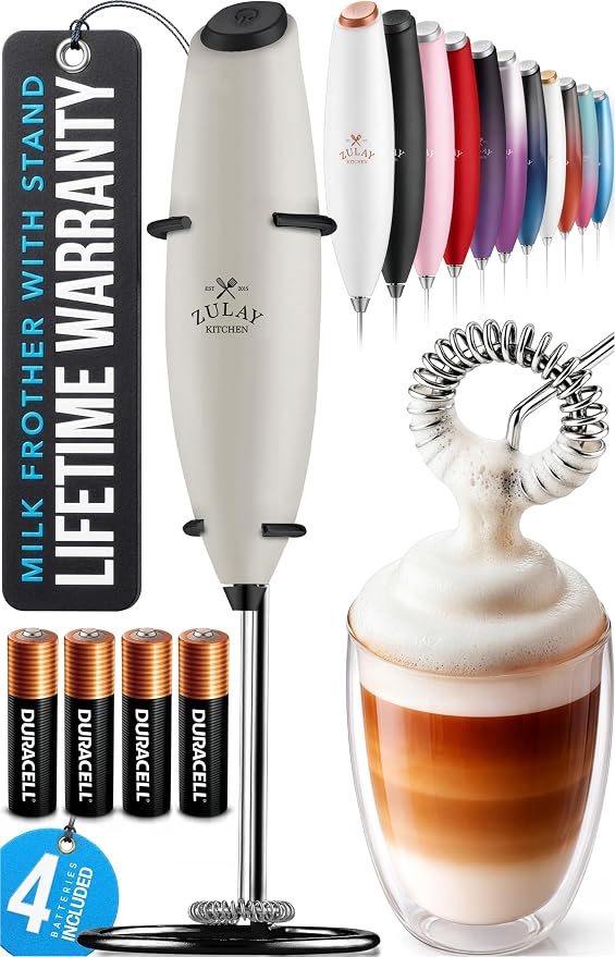 Zulay Kitchen Powerful Milk Frother Wand With Duracell Batteries - Ultra Fast Handheld Drink Mixer - Electric Whisk Foam Maker for Coffee, Lattes, Cappuccino & Matcha - Z1 Motor - Gray & Black