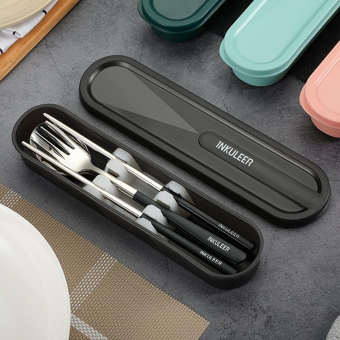 iNKULEER Travel cutlery set, 18/8 stainless steel cutlery, Reusable utensils set with case, Portable Silverware Lunch Box for Camping and Office (Black)