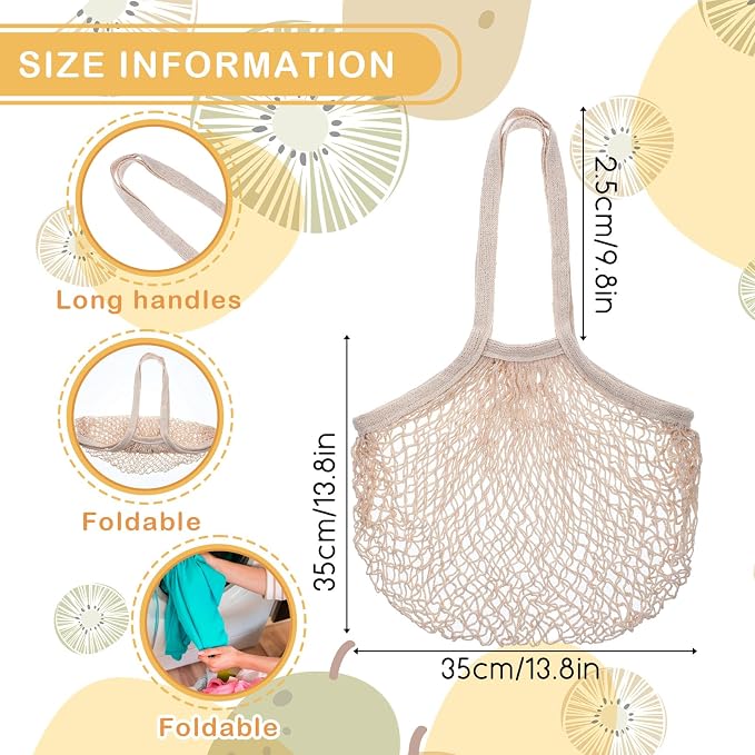 Lemecima 12 Pcs Reusable Cotton Mesh Produce Shopping Bags Washable Grocery Net Portable Fruit and Vegetable Cotton String Bags Long Handle Net Tote Organizer(Long Handle)