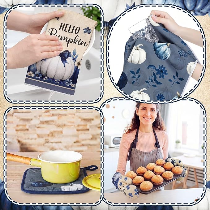 Fourluoo 10 Pcs Kitchen Dish Towels Rugs Oven Mitts and Pot Holders Set Farmhouse Kitchen Decor Set for Women Mom Daughter Gift Cooking Baking Grilling(Blue,Pumpkin)
