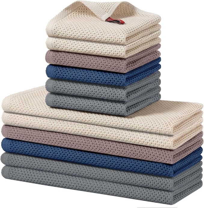 Homaxy 12 Pack 100% Cotton Kitchen Towels and Dishcloths Set, Multi-Color | 12 x 12 Inches and 13 x 28 Inches Kitchen Towels Set, Ultra Soft Absorbent Dish Cloths for Washing Dishes
