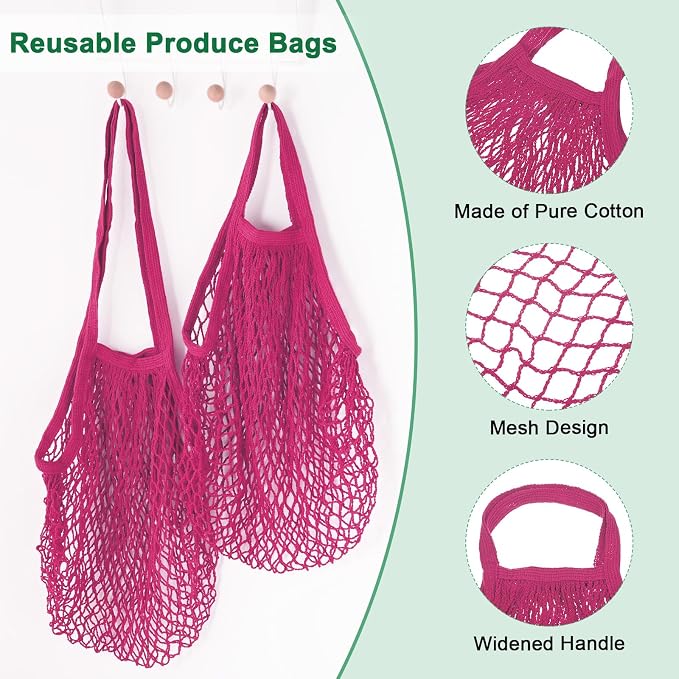 M METERXITY 2-Pack Cotton Mesh Bag, Reusable Washable Mesh Net String Grocery Bags, Reusable Produce Bags with Handle, Net Tote Bag for Fruits/Vegetables Shopping [Rose Red, Long&Short Handle]