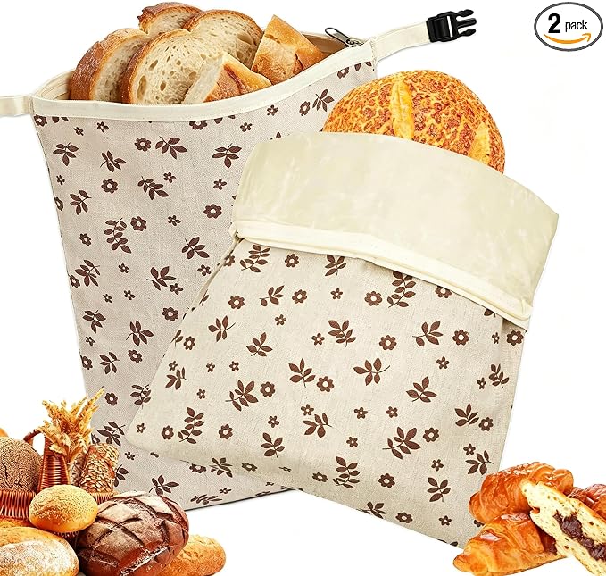 2 Pack Beeswax Bread Bags for Sourdough, Reusable Sourdough Bread Bags with Zipper, Natural Bees Wax Linen Cotton Bread Storage Bags to Keep Fresh, 13''×17''