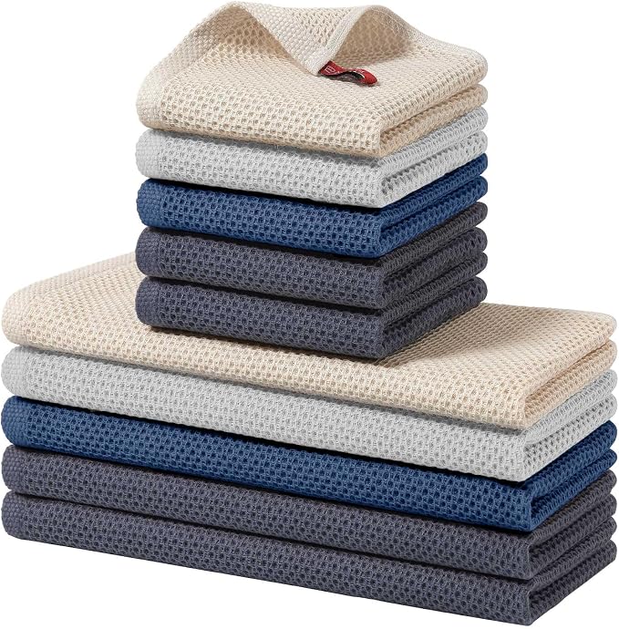 Homaxy 10 Pack 100% Cotton Kitchen Towels and Dishcloths Set, Assorted | 12 x 12 Inches and 13 x 28 Inches Kitchen Towels Set, Ultra Soft Absorbent Dish Cloths for Washing Dishes