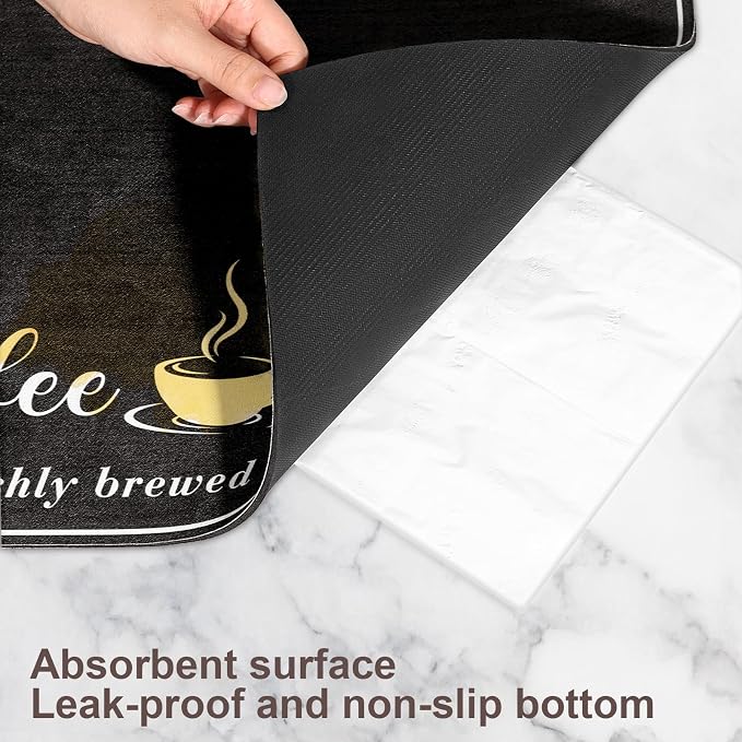 CooRug Fashion Coffee Mat, Dish Drying Mat 16" x 24" Black | Hide Stain, Absorbent, Coffee Bar Accessories, Heat Resistant, Non-slip, Eco-friendly, Easy to Clean