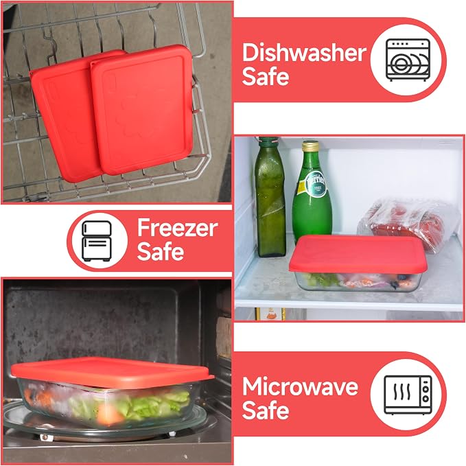 3 Cup Rectangle Silicone Storage Cover Lids Replacement for Pyrex 7210-PC Glass Bowls, (Container not Included) 2 Pack, Microwave, Dishwasher and Freezer Safe (Cherry Red)