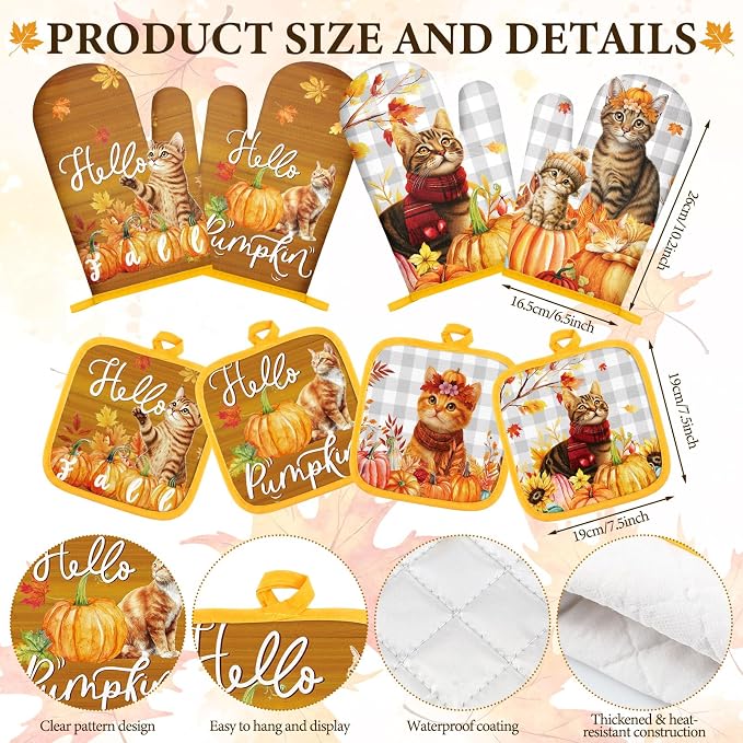 Silifine 12 Pcs Fall Pumpkin Cat Pot Holders Oven Mitts Kitchen Towels Set | Autumn Thanksgiving Decoration, Maple Kitten Design, Cooking Baking Use, Housewarming Hostess Gifts, Fall Kitchen Accessories