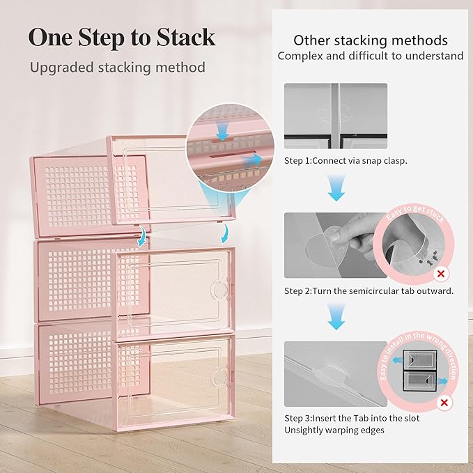 Kuject X-Large Shoe Storage Boxes 12 Pack, Clear Stackable Shoe Organizer | Shoe Case for Closet, Entryway & Under-Bed Storage, Drop-Front Design, Space-Saving Solution for Family Organization,Pink