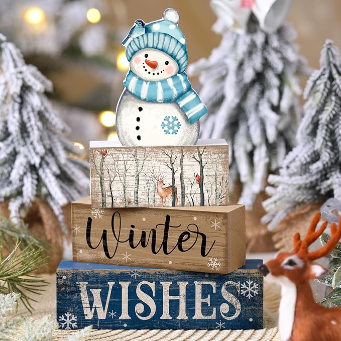 Lineshading 4 Pcs Snowman Table Decor Christmas Snowman Wooden Block Sign | Winter Tiered Tray Decor, Rustic Winter Table Centerpiece, Blue and White, Farmhouse Home Decoration for Kitchen Shelf
