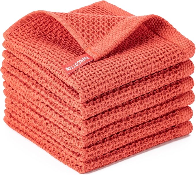 Kitchen Towels 6-Pack Kitchen Dish Cloths,100% Cotton,12x12 In,Brick Red | Towels Waffle Weave,Ultra Soft Absorbent, Quick Drying