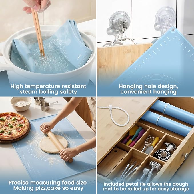 24x16 Silicone Rolling Mat Non-Stick Food Grade Baking Mat w/Measurements | Non-slip edges, heatproof silicone, nonstick, measuring guides, oven/dishwasher safe, tearproof, easy clean.