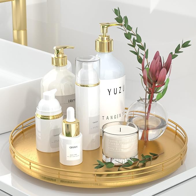 Oroyutor 13-Inch Oak Lazy Susan Decorative Tray with Gold Metal Rail | Rotating oak tray organizes spices, toiletries and decor on kitchen counters, bathroom vanities, dining and coffee tables.