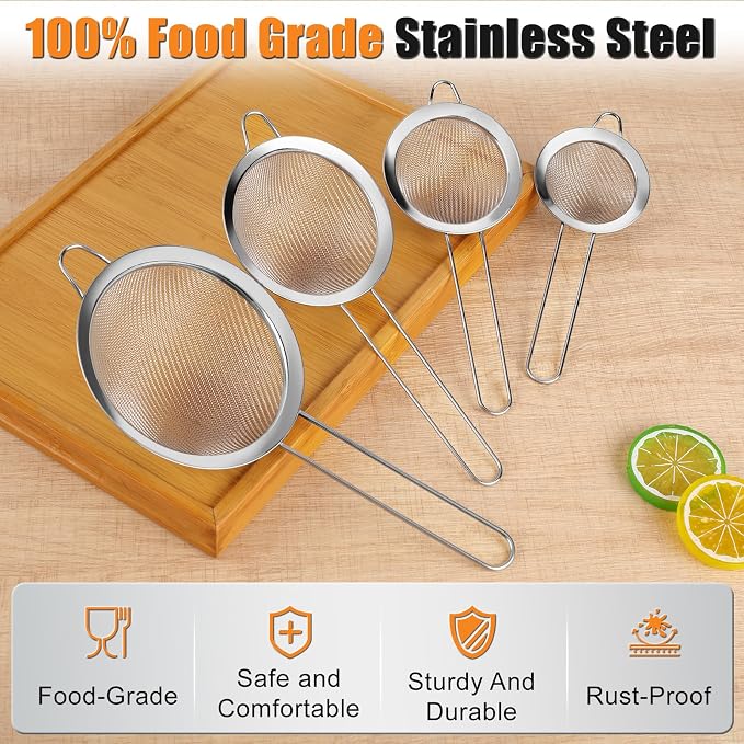 4PCS Fine Mesh Strainer Set, Premium Stainless Steel Fine Mesh Strainers, Food Fine Sieve with Non-Slip Handle, Perfect for Juice, Baking Flour, Drinks, Cocktails, Rice, Jam, Tea(2.8"/3.2"/3.9"/4.7")