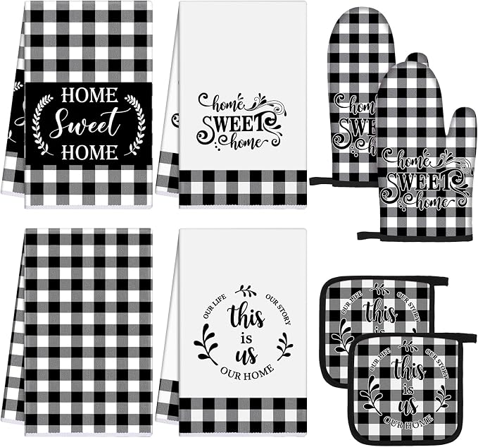 Leinuosen 8 Pcs Black White Plaid Kitchen Towels and Dishcloths Sets Pot Holders and Oven Mitts Sets Absorbent Kitchen Gloves Potholders Heat Resistant for Chef Baking Cooking