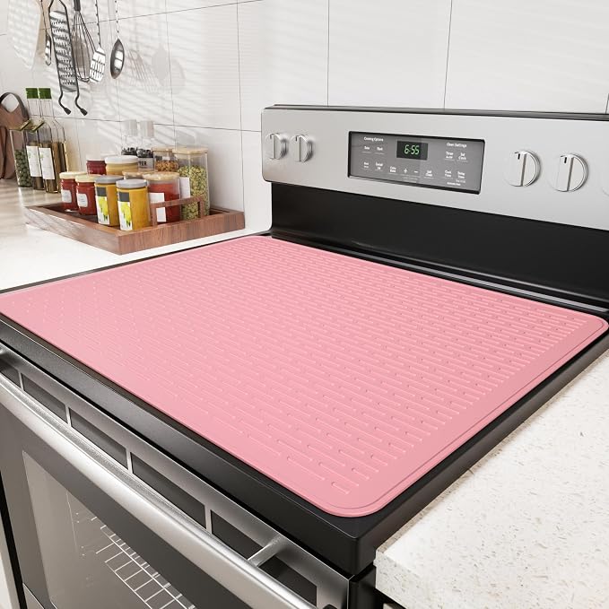 Stove Top Cover for Electric Stove - Food Grade Ceramic Stove top Cover, Silicone XXL Dish Drying Mat, Glass Cooktop Covers, Flat RV Range top Mats (Pink Thickened,30x21)