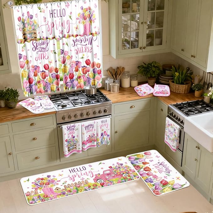 13 Pcs Hello Spring Kitchen Decor Set 3 Floral Kitchen Curtains Valance 2 Tulip Rugs and Mats 4 Spring Hand Towels 2 Paste Pot Holders 2 Oven Mitts for Home Decor Cooking Grilling Housewarming Gift