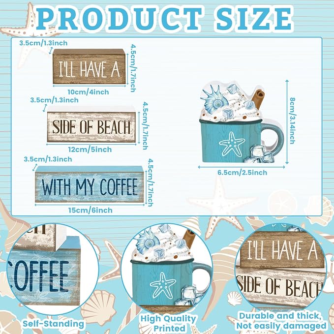 Lineshading 4 Pcs Beach Coastal Wooden Block Signs with Coffee Cup Summer | Blue Rustic Wood Signs Starfish Mug, Tiered Tray Coffee Bar Table Decor, Beachy Nautical Centerpieces for Home Office
