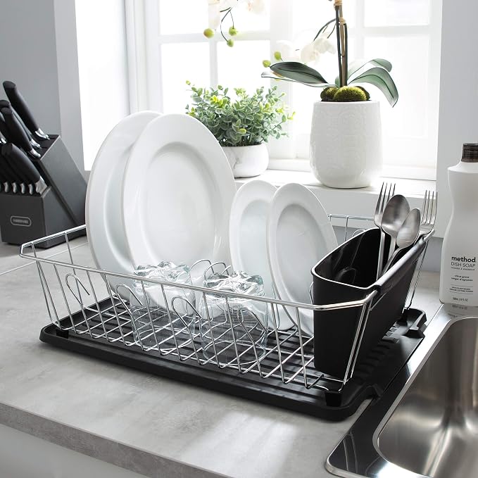 Kitchen Details 3 Piece Dish Rack | Drying Rack, Cutlery Basket & Drainboard Tray | Countertop | Self Draining | Open Wire Design | Chrome | Black