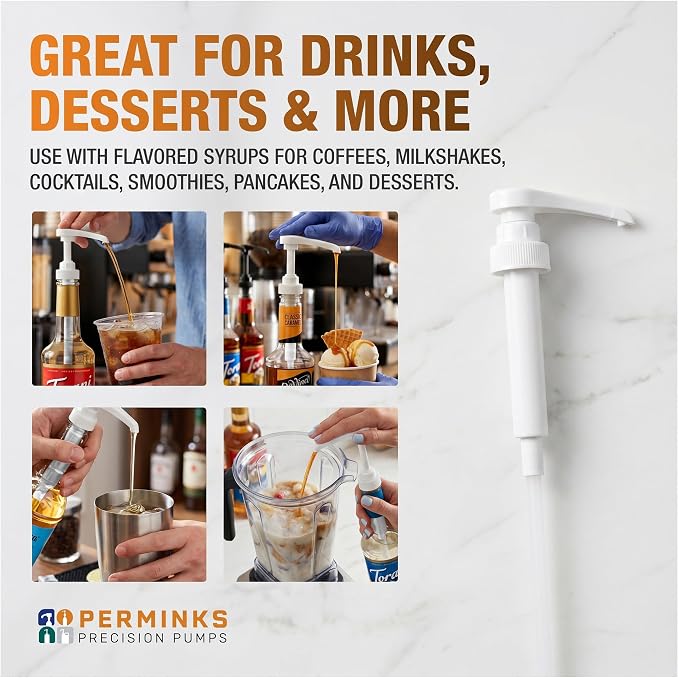 Syrup Pump, Compatible with 750ml Torani, Davinci & Skinny, 2-Pack, White | Leak-free, 1/4oz precision pump with locking nozzle. Great for coffee bar accessories, dirty soda stations & dessert sauces