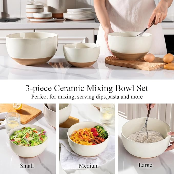 AmorArc Ceramic Mixing Bowls|Nesting Bowls Set of 3 for Kitchen|Stoneware Serving Bowls with Rustic Terracotta Underside for Mixing,Cooking,Baking,Salad| Microwave & Dishwasher Safe 4.6/2.8/1.3 Qt