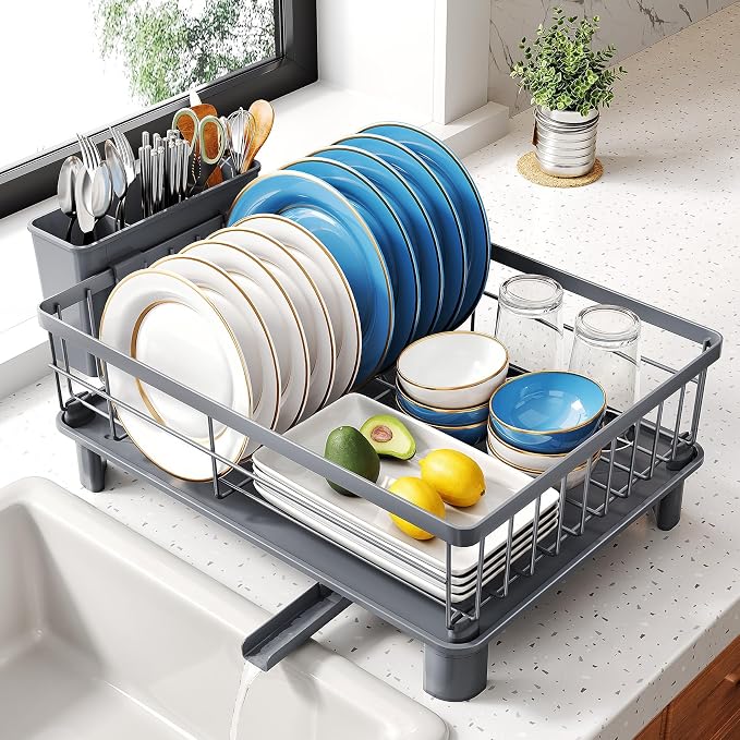 SNTD Dish Drying Rack for Small Kitchen Counter, 11" W x 15" L, Grey | Space Saving, Rotating Spout & Angled Drainboard for Quick Drainage, Stainless Steel, Removable Utensil Holder