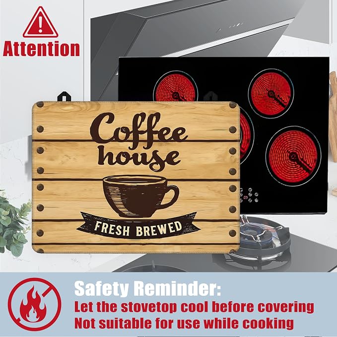 Coffee Cup Glass Top Stove Cover Protector,Rustic Wood Board Heat Resistant Stove Top Cover, Large Size Range Covers for Electric Stove Countertop Mat, 28 x 20 Inch