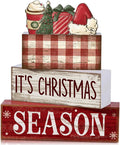 Lineshading 4 Pcs Christmas Table Decoration Wooden Hot Cocoa Santa Hat | Buffalo Plaid Stacked Design, Rustic Tabletop Signs for Mantel Shelf, Season Theme Wooden Blocks, Farmhouse Holiday Gift