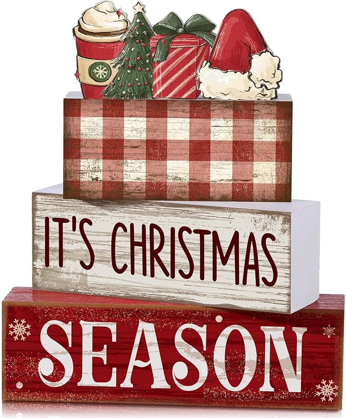 Lineshading 4 Pcs Christmas Table Decoration Wooden Hot Cocoa Santa Hat | Buffalo Plaid Stacked Design, Rustic Tabletop Signs for Mantel Shelf, Season Theme Wooden Blocks, Farmhouse Holiday Gift