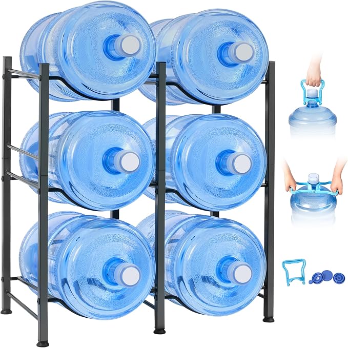 Klvied 5 Gal Jug Rack, 3 Tier for 6 | Heavy duty steel, built-in lifter, includes cap, holds 6 bottles, kitchen/office/gym