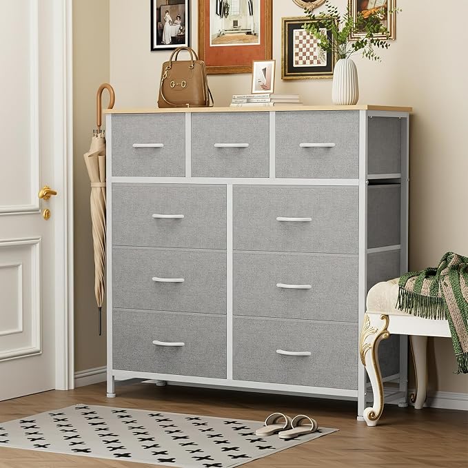Sweetcrispy 9 Drawer Fabric Dresser Storage Tower Drawer Organizer, White | Sturdy Steel Frame with Wood-top, Easy-pull Handle, Space-Saving Organizer Chest for Bedroom, Closet, Lightweight and Stable