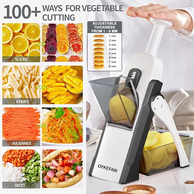 Safe Mandoline Slicer for Kitchen, 5 in 1 Vegetable Food Chopper for Potato | Potato Slicer, French Fry Cutter, Food Chopper, Adjustable Thickness 0.1-8 mm, Fast Meal Prep, with Cleaning Brush（Black）