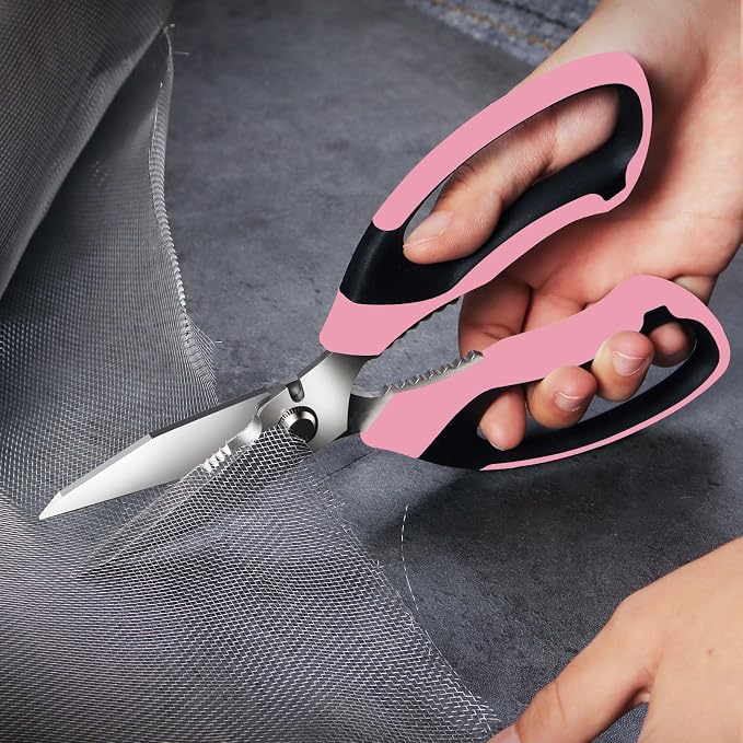 BoFuYuan Utility Scissors All Purpose heavy duty 8-Inch Pink | Comfort Grip, Sharp Serrated Blades Cutting Carpet Cardboard Wire Fabric, Multipurpose Shears for Kitchen Garden Office Craft