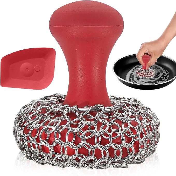 316L Chainmail Scrubber Cleaner Kit - Skillet Cleaner with Long Grip Handle | 316L Chainmail Scrubber + Pan Scraper + Long Handles - 316 Cast Iron Cleaner - Chain Mail Scrubber for Cast Iron Pans