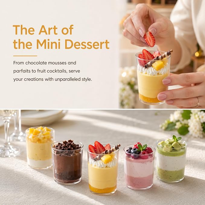 Okllen 100 Pack Mini Dessert Cups with Spoons, 3 Oz Round Shot Cups Plastic Dessert Shooters, Appetizer Parfait Cups Shot Glasses for Chocolate Desserts, Ice Cream, Puddings, Tasting Party