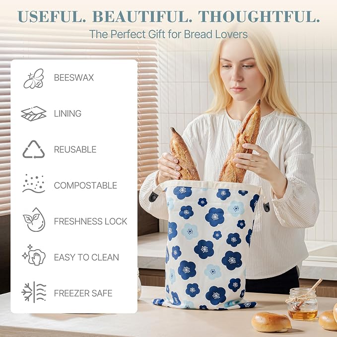 Beeswax Bread Bags for Sourdough, Reusable Bread Bags for Homemade Bread, 2 Pack Natural Cotton Beeswax Storage, Natural Cotton Beeswax Bags, Large Capacity