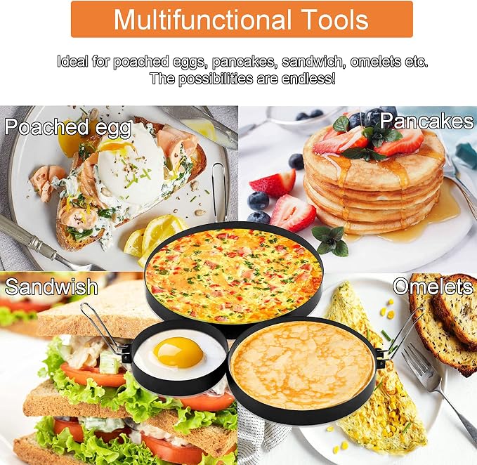 4 Inch Stainless Steel Egg Ring, 6 Inch Non Stick Pancake Ring, 8 Inch Omelet Ring, 3 Pack Egg Poacher Fried Round Egg Cooker Maker Mold for English Muffins with Oil Brush and Egg Separator
