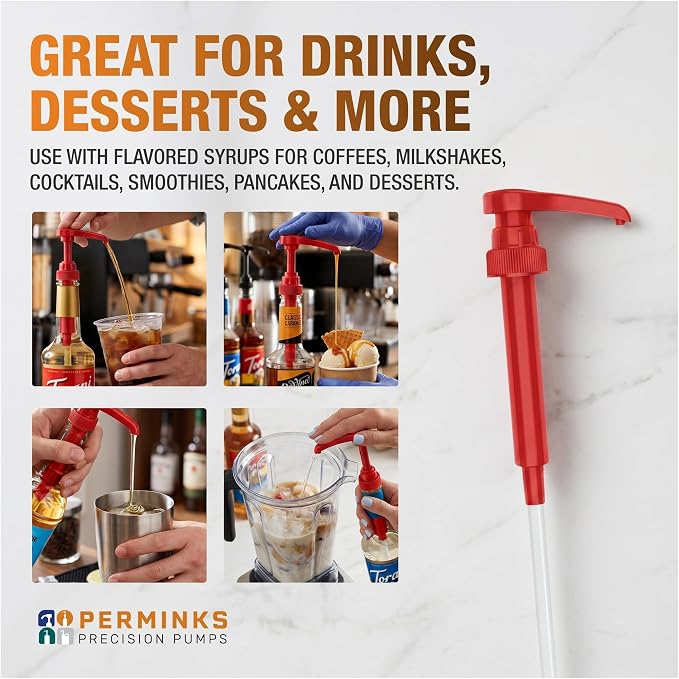 Syrup Pump, Compatible with 750ml Torani, Davinci & Skinny, 2-Pack, Red | Leak-free, 1/4oz precision pump with locking nozzle. Great for coffee bar accessories, dirty soda stations & dessert sauces