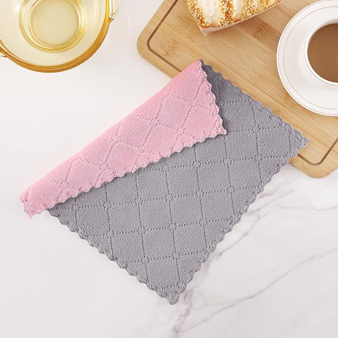 Homaxy 12 Pack Super Soft Dish Cloths, 10" x 10", Grey & Pink | Coral Velvet, Nonstick Oil Fast Drying Microfiber Cleaning Cloth, No Lint Household Dishcloths